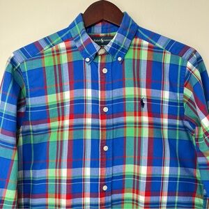 VTG Polo Ralph Lauren Boys L 14-16 Blue Madras Plaid Button Down LS Shirt Fun